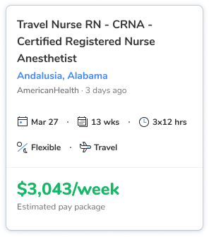A sample of a card showing job details that you might see on the NurseFly site and in the app.